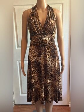 Gigi Animal Print Halter Dress Size 6 Brown Leopard Stretch Midi - Size 6